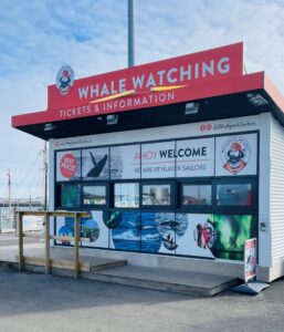 Reykjavík Sailors ticket office for whale watching and tour information at the Reykjavík harbor in Iceland.